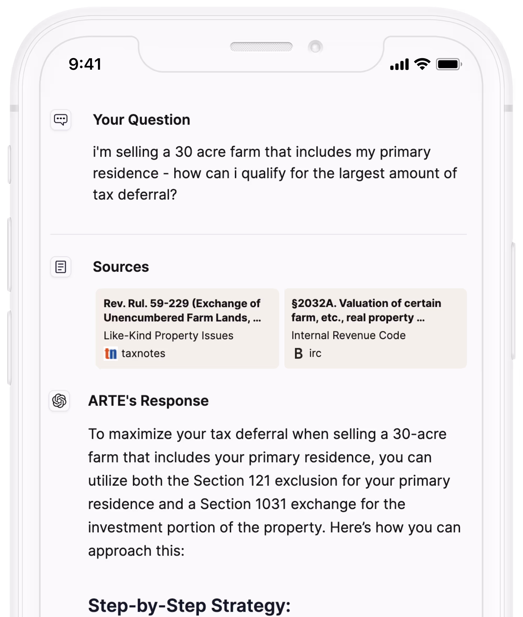 Example ARTE answer with supporting tax research on a phone